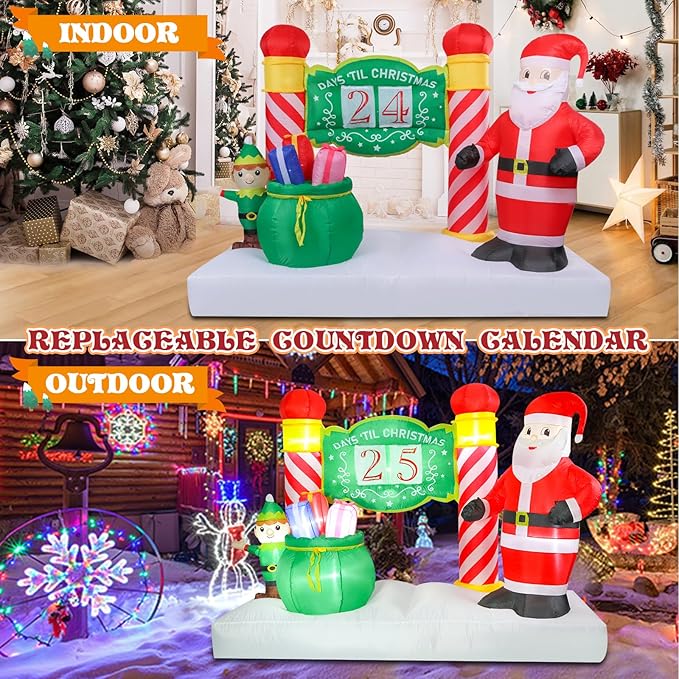 Bshine Christmas Inflatable Outdoor Decorations, 6.9FT Blow Up Santa Countdown Calendar with Interchangeable Dates,New Year's Light Up Holiday Party Decor for Lawn Yard Inflatable Sculptures
