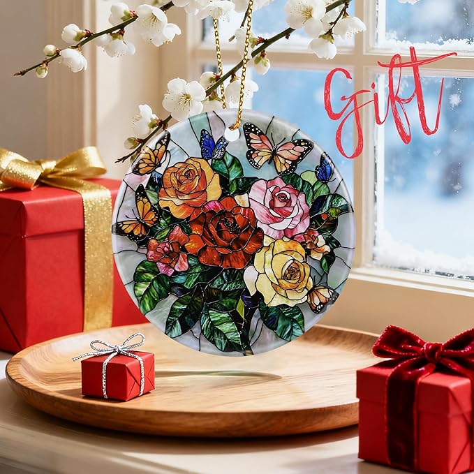 Butterfly & Rose Ornament, Christmas Ornaments, Christmas Decorations, Holiday Decor Gifts for Family, Friends & Flower Lovers, Gift Exchange & Gift Idea, Giftbox Included
