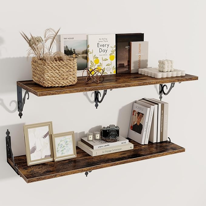 Deep Floating Shelves, 36" W x 12" D Wall Shelves Set of 2, Wide Display Shelf Wall Mounted with Brackets, Bookshelf for Living Room, Bathroom, Bedroom, Rustic Brown