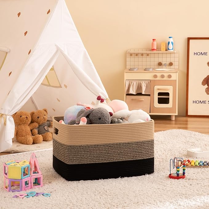 OIAHOMY Large Blanket Basket, 22”x17”x12” Rectangle Woven Baskets, Nursery Blanket Storage Living Room, Toy Storage With Handle, Large Baskets for Organizing-Yellow Black