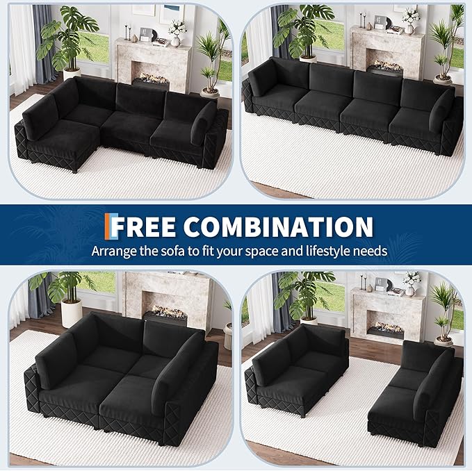 134" Modular Sectional Sofa, 4-Seat Cloud Couch with High-Density Cushions, L-Shaped Velvet Upholstered Sofa for Living Room and Apartment, Black