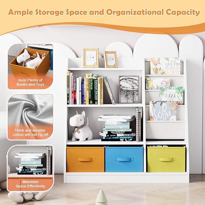 Kids Bookshelf Wood Montessori Toy Storage Organizer Cabinet Shelf Child Bookcase Toddler Baby Sling Book Rack 3 Cube Bin Fabric Drawers for Playroom Bedroom Nursery School