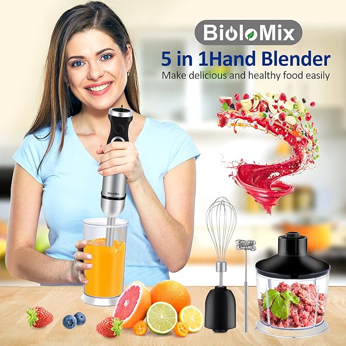 BioloMix Hand Blender 5 in 1 Immersion Blender 1000W, 6 Speed With Turbo Mode hand blenders immersion Stainless Steel Blade With 800ml Chopper, 600ml Mixing Beaker, Whisk and Milk Frother