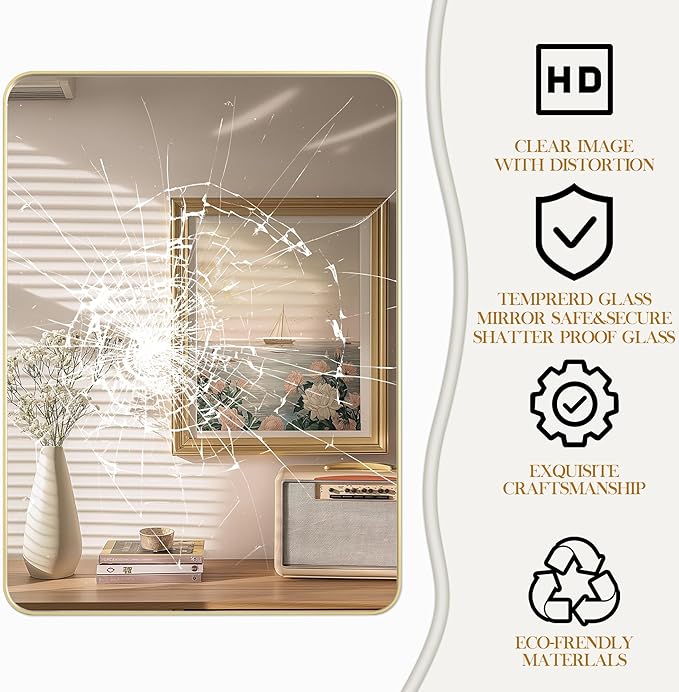 32×32 Glod Bathroom Mirror, Rectangular Bathroom Vanity Mirror for Wall with Rounded Corners & Aluminum Alloy Frame, Tempered-Glass, Modern, Farmhouse, Horizontal/Vertical, Entryway, Bedroom