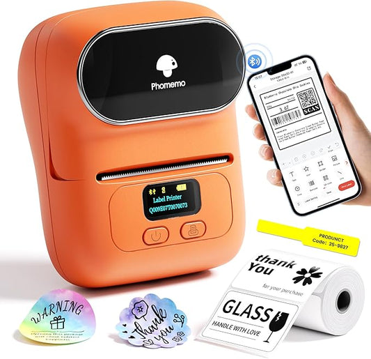 Phomemo Barcode Printer - M110 Label Maker Machine Wireless Bluetooth Themal Label Printer for Small Business, School, Barcode, Address, Jewelry, Clothing, Organizing, Orange