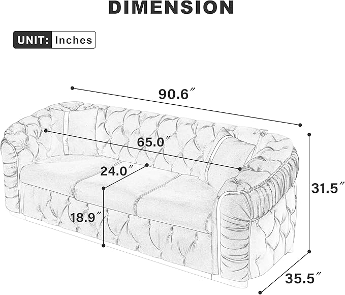 KEIKI 91" Luxury Oversized Velvet Chesterfield Sofa with Gold Stainless Steel Accents and 2 Pillows, Mid-Century Style 3-Seater Button Tufted Couch, Easy Assembly, for Apartment, Living Room, Beige