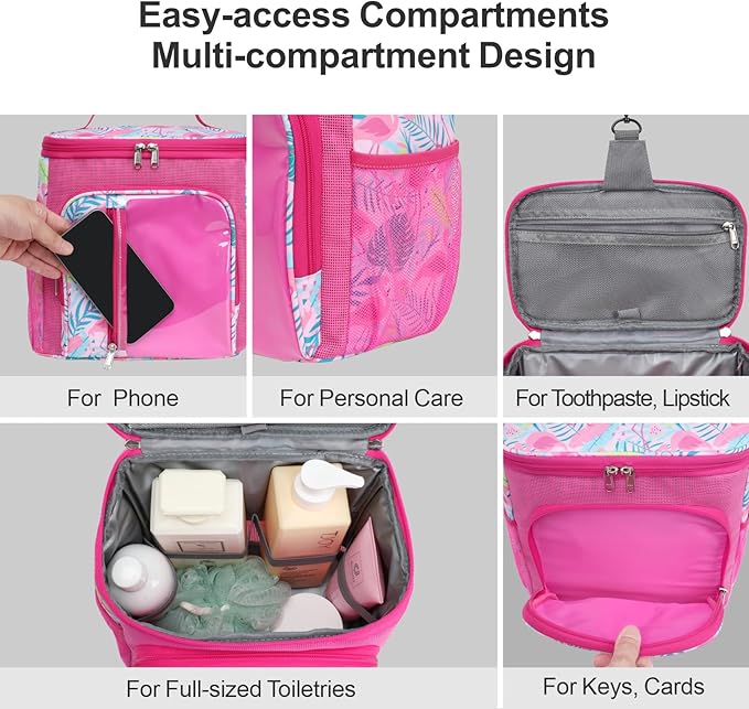 F-color Hanging Shower Caddy Portable - College Dorm Essentials for Guys with Hooks, Quick-Dry Shower Bag for Dorm Travel Gym Camping Essentials, Water-Resistant with Multiple Pockets, Pink Flamingo