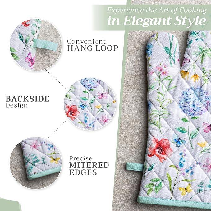 Maison d' Hermine Oven Gloves 100% Cotton Oven Mitt 7" x 13" with Loop Heat Resistant, BBQ, Cooking Gloves, Baking, Grilling, Kitchen, Handling Hot Pans Spring/Summer (Pack of 1, Just Floral)