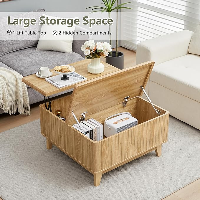 Lift Top Coffee Table, Square Coffee Table with Hidden Storage Compartment, Farmhouse Wood Center Table Dining Table for Living Room, Bedroom, Home Office (Natural)