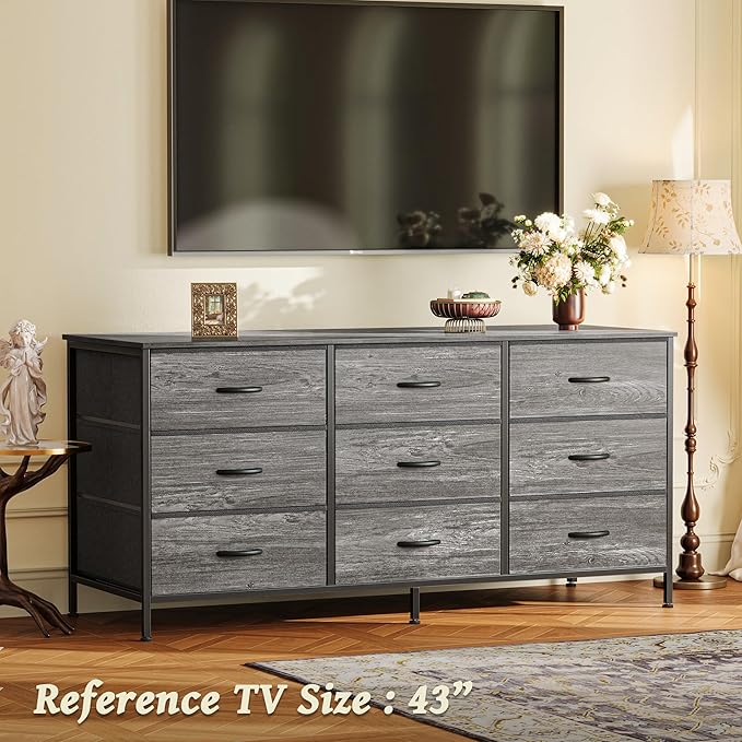 Huuger 9 Drawer Dresser for Bedroom, 47 Inch Dresser TV Stand for 50, 55 Inch TV, Entertainment Center with Drawers, Fabric Drawer with Storage, Closet, Grey