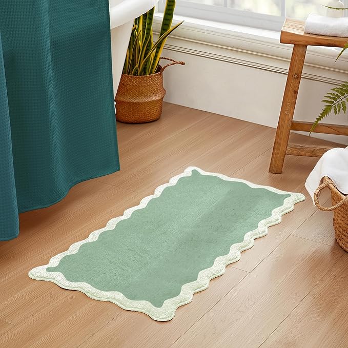 MONDAY MOOSE Bath Mat with Scalloped Wavy Ripple Design, Microfiber Absorbent Non Slip Tufted Rug for Floor, Shower or Kitchen (24x47 inch, Sage)