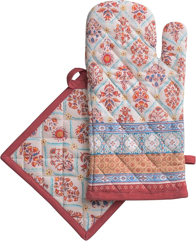Maison d' Hermine 100% Cotton Oven Mitt & Pot Holder Set (7.5"x13" & 8"x8") Heat Resistant BBQ Cooking Gloves with Loop for Thanksgiving Christmas Decorations Handling Hot Pans (Romane)