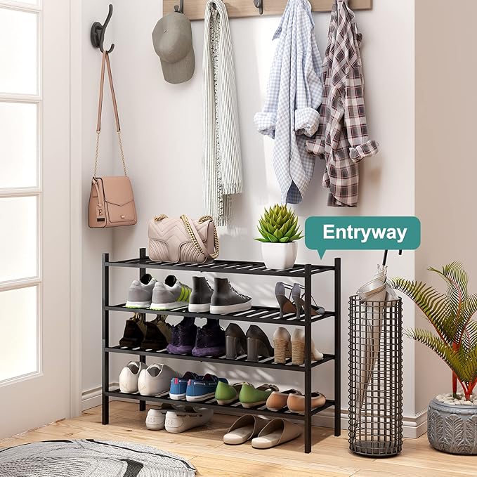 Black 4-Tier Long Shoe Rack, Bamboo Wood, 33-Inch