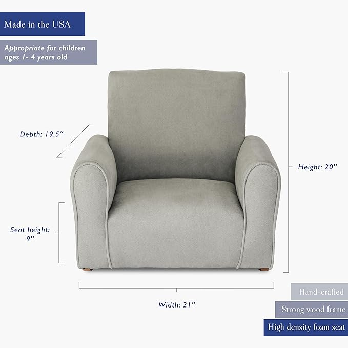 Toddler Personalized Armchair, Kids Upholstered Rocking Chair with Personalization, Toddler Chair with Personalized Name, Comfy Child Armchair, (Grey Suede, Rockers)