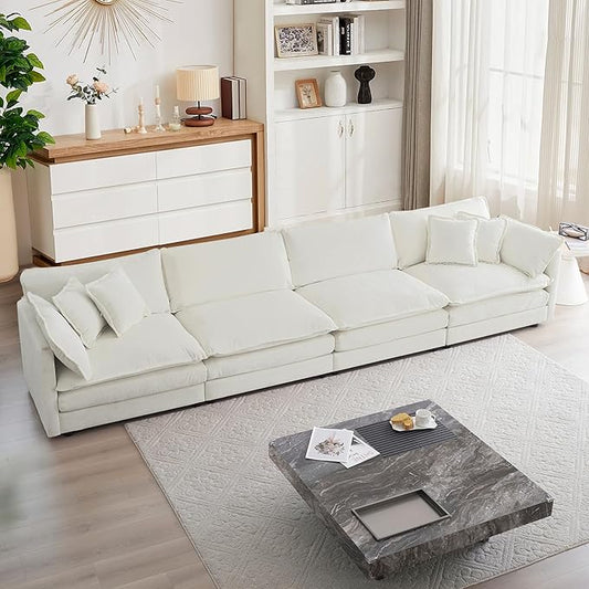 mikibama Luxury Modular Sectional Sofa, 146.5" Modern Chenille Comfy Cloud Couches for Living Room Office, 4 Seater Deep Sofa with 2 Armrest Pillows and 4 Toss Pillows, Beige