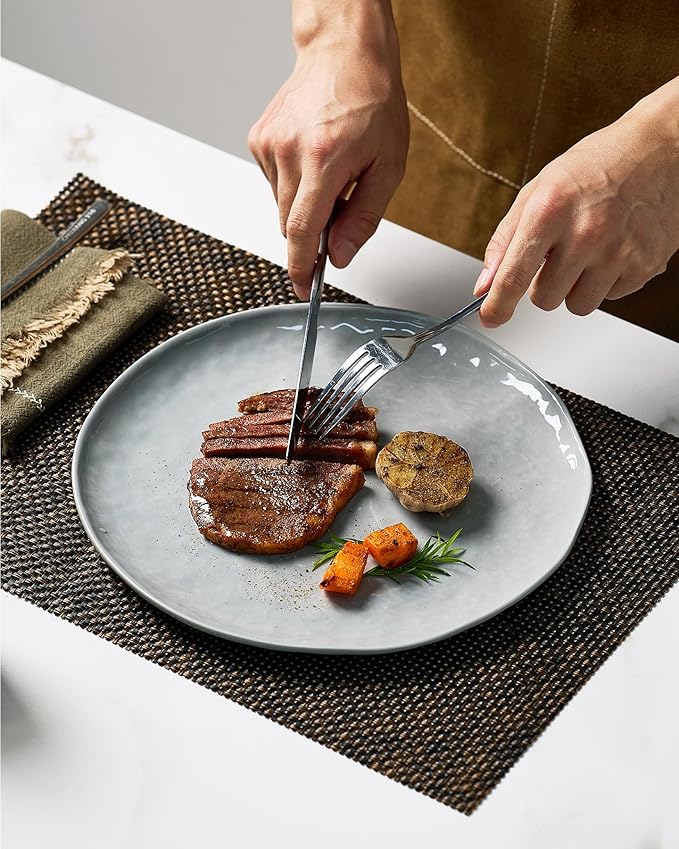 Famiware Porcelain kitchen plates and bowls set, Modern dishes set for 6, Handmade Wave Edge Dinnerware Sets, Microwave and Dishwasher Safe Tableware, Sleek Grey (24pc)