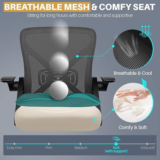 FelixKing Office Chair - Ergonomic Desk Chair Breathable Mesh Task with Wheels and Lumbar Support Home Desk Office Chairs with Flip up Armrest Rolling Swivel for Home Computer Black