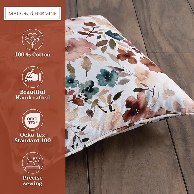 Maison d' Hermine Decorative Pillow Covers 20x20 Inch Square 100% Cotton Throw Pillow Covers with Invisible Zipper Cushion Case for Living Room Couch, Chair, Sofas, Bedroom, Home (Blossom - Florie)