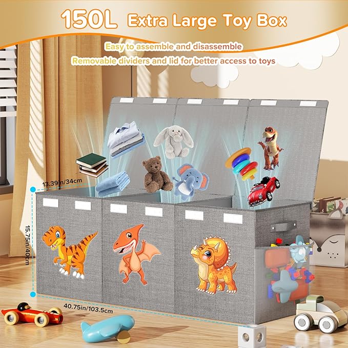 Extra Large Toy Box Chest, Collapsible Sturdy Toy Storage Organizer Boxes Bins Baskets Dinosaur Kids Toy Chest Bin with Lids for Boys Girls Living Room Playroom Bedroom Nursery 41"x14"x16" Gray