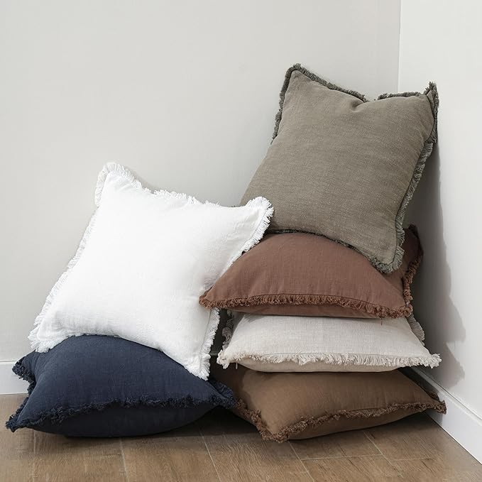 Foindtower Set of 2 Decorative Linen Fringe Throw Pillow Covers Cozy Boho Farmhouse Cushion Cover with Tassels Soft Accent Pillowcase for Couch Sofa Bed Living Room Home Decor, 26×26 Inch, Navy Blue