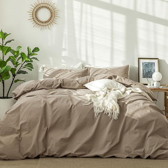 MooMee Bedding Duvet Cover Set 100% Washed Cotton Linen Like Textured Breathable Durable Soft Comfy (Solid Mocha Brown, King 104"x90")