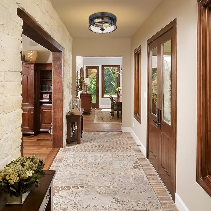 2-Light Flush Mount Ceiling Light, Farmhouse Industrial Black Finish with Seeded Glass Ceiling lamp, Modern Ceiling Light Fixture for Bedroom Living Room Kitchen Hallway Entryway