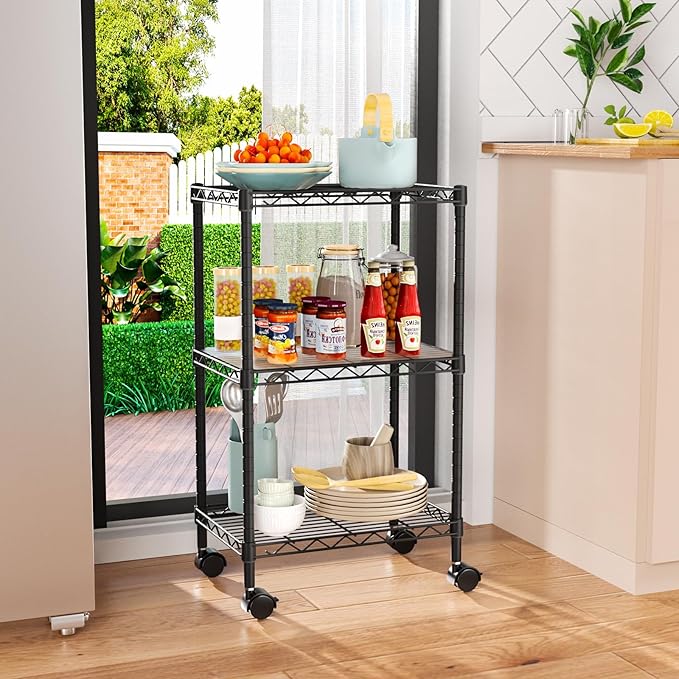 Small 3 Tier Shelves Storage Wire Shelving Unit Metal Shelf Adjustable Organizers Storage Shelving with Wheels for Bathroom Laundry Room Kitchen Pantry12”D x 18”W x 30.7”H Black