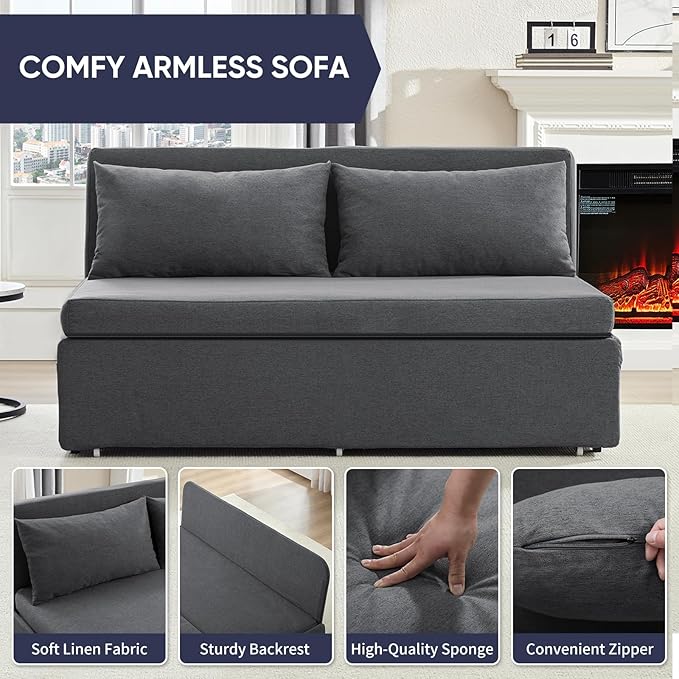 Queen Size Sofa Bed, Pull Out Sofa Bed with Cushions & Throw Pillows, Linen Couch Beds, Modern Convertible Sleeper Sofas Beds, Loveseat for Living Room for Small Spaces - Dark Grey