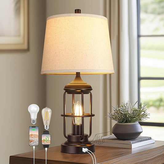 QiMH Table Lamp for Bedroom with USB A+C Ports, Farmhouse Bedside Lamp with Night Light, 3-Way Dimmable Touch Control, Rustic Industrial Nightstand Lamp for Living Room,1 Pack (2700K Bulbs Included)