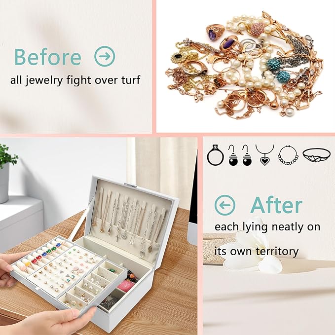 Homeanda Jewelry box 2 layer Jewelry box Leather Jewelry boxes for Women Girls Teens Jewelry organizer box Jewelry Storage box with lock(White)