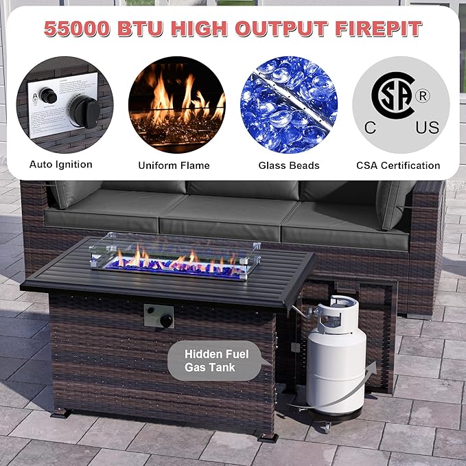 Kurapika 10 Pieces Patio Furniture Set, Rattan Wicker Outdoor Conversation Sets w/43in Propane Fire Pit Table and 4 Inch Cushion(Grey)