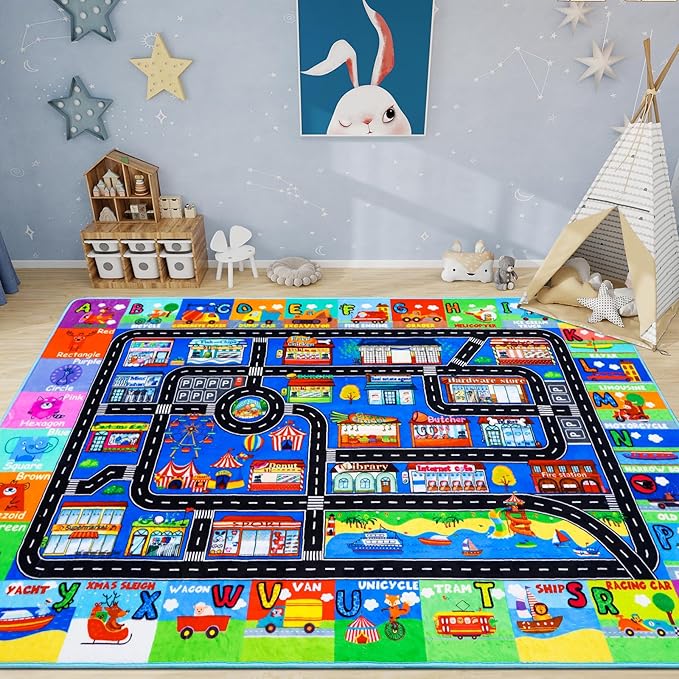 Kids Rugs for Toy Cars Playroom 110"×78.7" ABC Transportation Animals Play Mat Educational Mat Alphabet Area Rug Public Buildings Kids Playtime Collection Toddler Learning Carpet