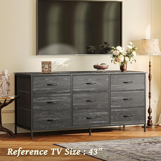 Huuger 9 Drawer Dresser, 47 Inch TV Stand for 50, 55 Inch TV, Entertainment Center with Drawers, Fabric Dresser Chest of Drawer for Bedroom, Closet, Charcoal Black Wood Grain Print