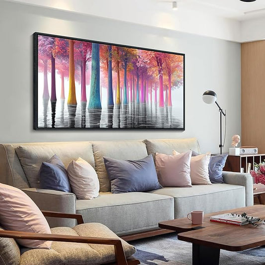 JEAWA Large Framed Wall Art - Grey Lake Landscape Wall Paintings Colorful Tree Canvas Printing Pictures Forest Modern Artwork for Bedroom Living Room Kitchen Home Office Decoration 29x58 IN