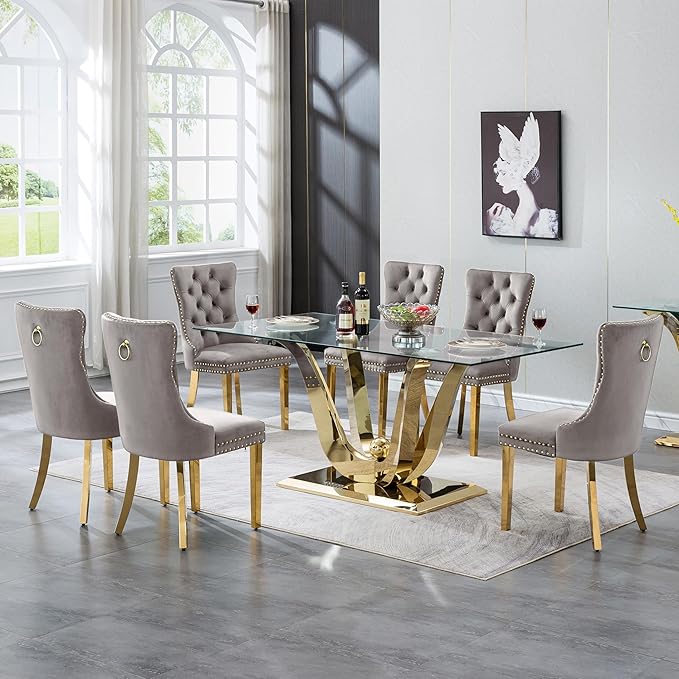 70" Modern Gold Glass Dining Table Set for 6, 7-Piece Rectangle Kitchen Dining Room Table Set with Steel Base & 6 Grey Velvet Upholstered Chairs, Modern Glass Kitchen Table and Chairs Set of 6