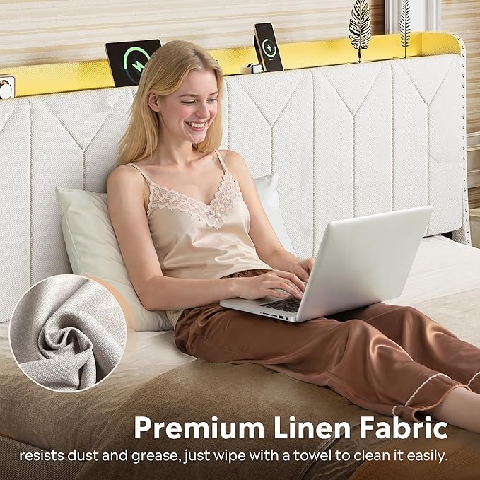 WLIVE King Size Upholstered Bed Frame with 2 Drawers, Linen Tufted Storage Headboard with Charging Ports and LED Light, Sturdy Metal & Wooden Slats Support, No Box Spring Needed, Beige