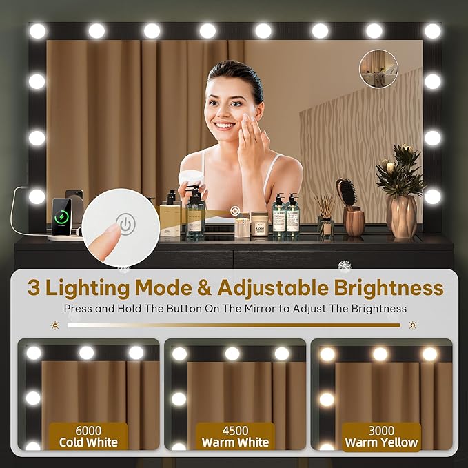 DWVO Black Vanity Desk with Mirror: Makeup Table Set with 14 LED Lights & Charging Station Magnifying Mirror, 3 Light Modes, 8 Drawers and Storage Stool