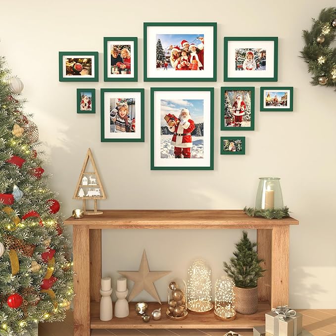 KINLINK 5x7 Picture Frames Green Wood Frames with Acrylic Plexiglass for 3.5x5/4x6 with Mat or 5x7 without Mat, Tabletop and Wall Mounting Display, Set of 4