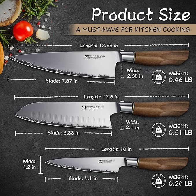 Purple Dragon Knife Set, 3Pcs Kitchen Knives Set, German VG10 Steel Japanese Chef Knife 7.8 Inch Santoku Knife 7 Inch Utility Knife 5.1 Inch, Razor-Sharp Knives with Gift Box