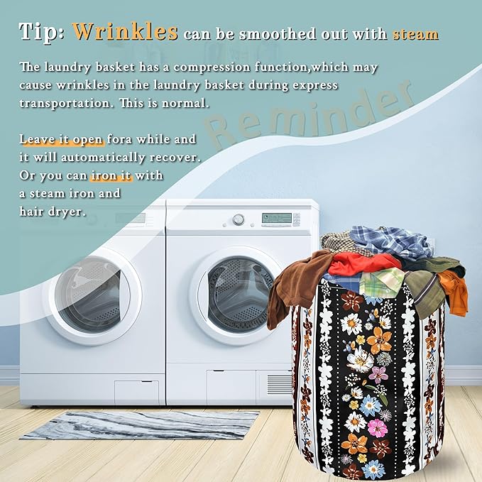Boho Flowers Laundry Basket Foldable With Handles Universal Tote Bag Oxford Cloth Colorful Laundry Hamper 18.9" x 16.5" Clothes Storage Bucket Toy Organizer For Bathroom/Laundry/Bedroom