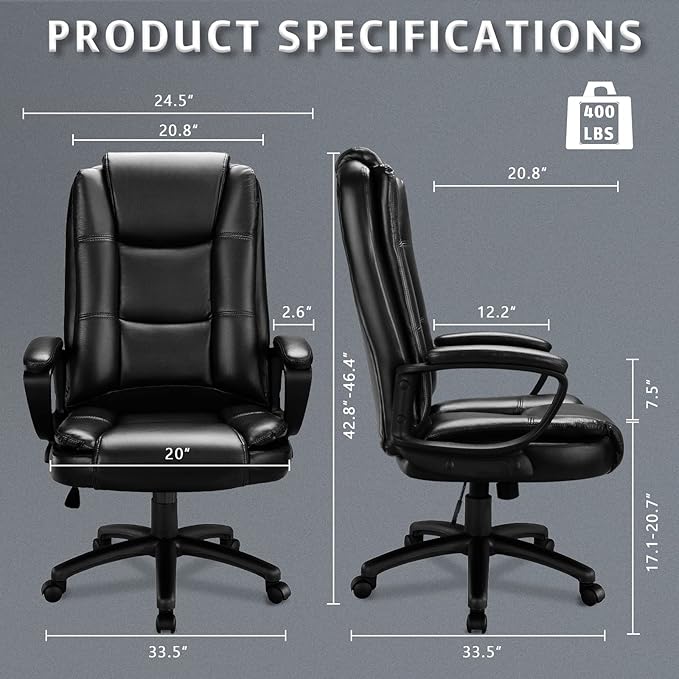 LEMBERI Office Desk Chair, Big and Tall Managerial Executive Chair, High Back Computer Chair, Ergonomic Adjustable Height PU Leather Chairs with Cushions Armrest for Long Time Sitting (Black)