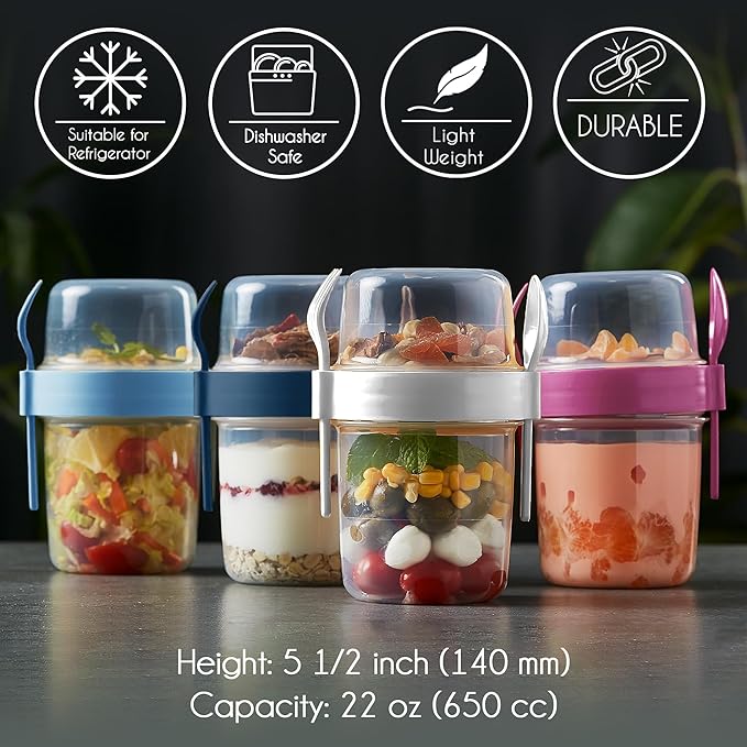 Crystalia Yogurt Parfait Cups with Lids, BPA FREE Reusable Yogurt Containers with Lids and Spoons, Take and Go Yogurt Cup with Topping Cereal or Oatmeal Container, Colorful Set of 4 (Large 22 oz)