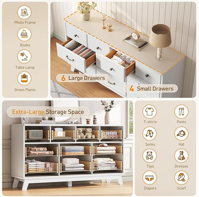 10 Drawer Dresser for Bedroom, 55.1" White Dresser & Chest of Drawers, Wooden Dressers with Vintage Metal Handle, Modern Storage Dressers TV Stand for Bedroom, Living Room, Hallway