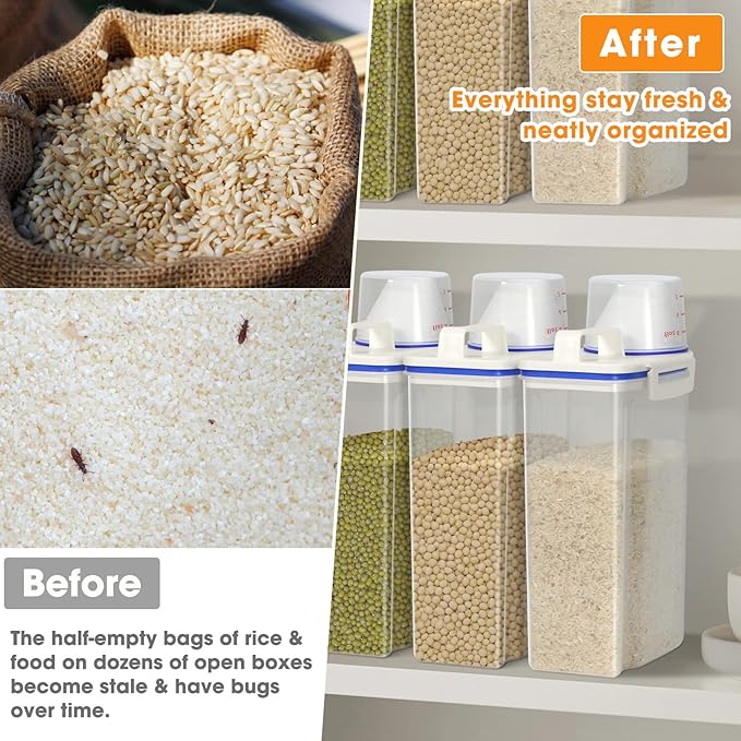 TBMax Rice Cereal Container Oatmeal Dispenser - 2 Pack Rice Storage Container with Measuring Cup + Easy Pouring Spout, Perfect for Flour Sugar Grain Nuts Kitchen Pantry Storage Organization