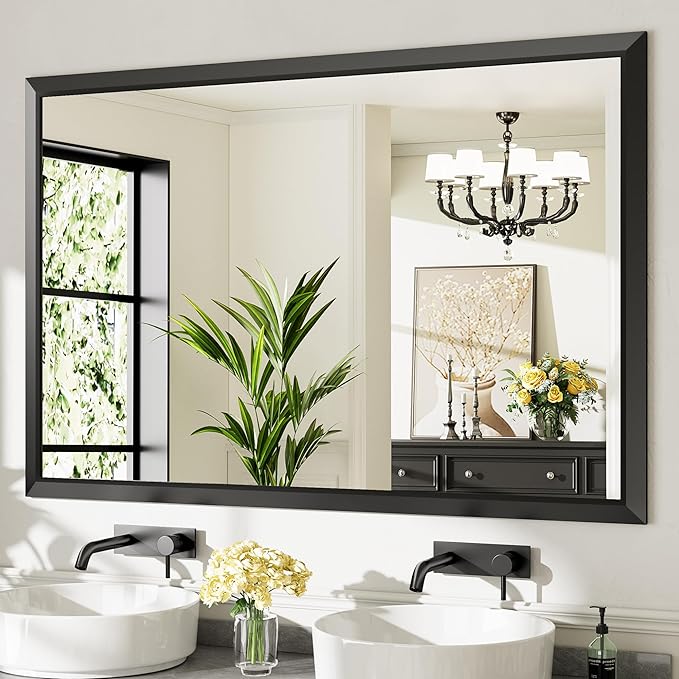 60x40 Inch Black Bathroom Mirror for Wall, Thick Metal Framed Rectangle Mirrors for Over Sink, Bedroom, Living Room, Entryway, Anti-Rust, HD Tempered Glass