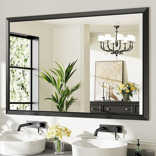 60x40 Inch Black Bathroom Mirror for Wall, Thick Metal Framed Rectangle Mirrors for Over Sink, Bedroom, Living Room, Entryway, Anti-Rust, HD Tempered Glass