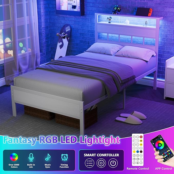 Furnulem Twin Bed Frames with Charging Station and LED Lights, Twin Size Platform Bed with Metal Slats, Wood Headboard with 2-Tier Storage Shelves, No Box Spring Needed, White