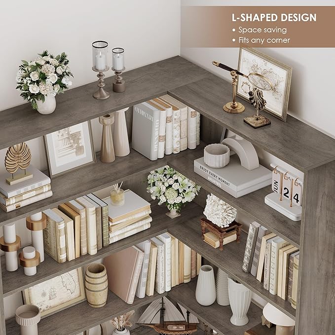 75" Corner Bookshelf, 6-Tier Modern Bookshelf and Bookcase, Tall Bookcase Open Display Storage, L Shaped Corner Shelf for Library, Living Room, Home Office, Gray