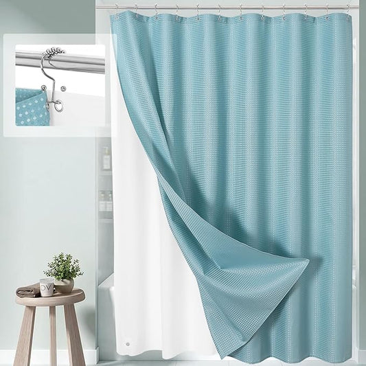 3 in 1 Shower Curtain Set, Teal Blue Waffle Shower Curtain and PEVA Liner Set with 12 Stainless Steel Shower Curtain Hooks, Waterproof Fabric Shower Curtains for Bathroom, 72 W x 72 H
