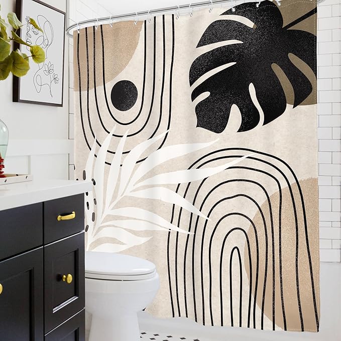 Glawry Boho Black Brown Beige Shower Curtain Modern Mid Century Abstract Tropical Palm Leaf Bathroom Minimalist Geometric Arch 72Wx72L Inches Bath Accessories Art Home Decor Fabric 12 Pack Hooks